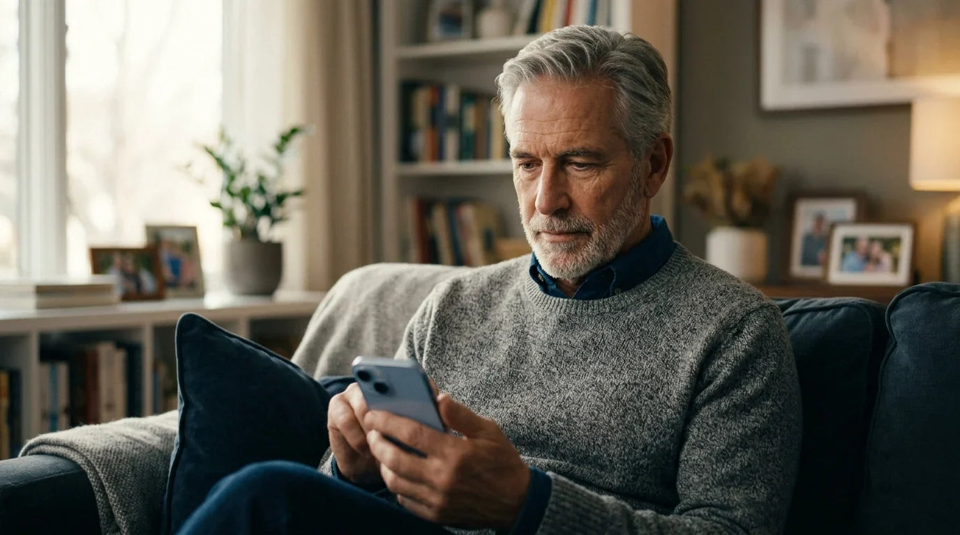 senior man in his late 60s sitting on a living room sofa, holding an iPhone 14 Plus and reading messages, warm natural light, modern cozy American home interior, realistic lifestyle photography